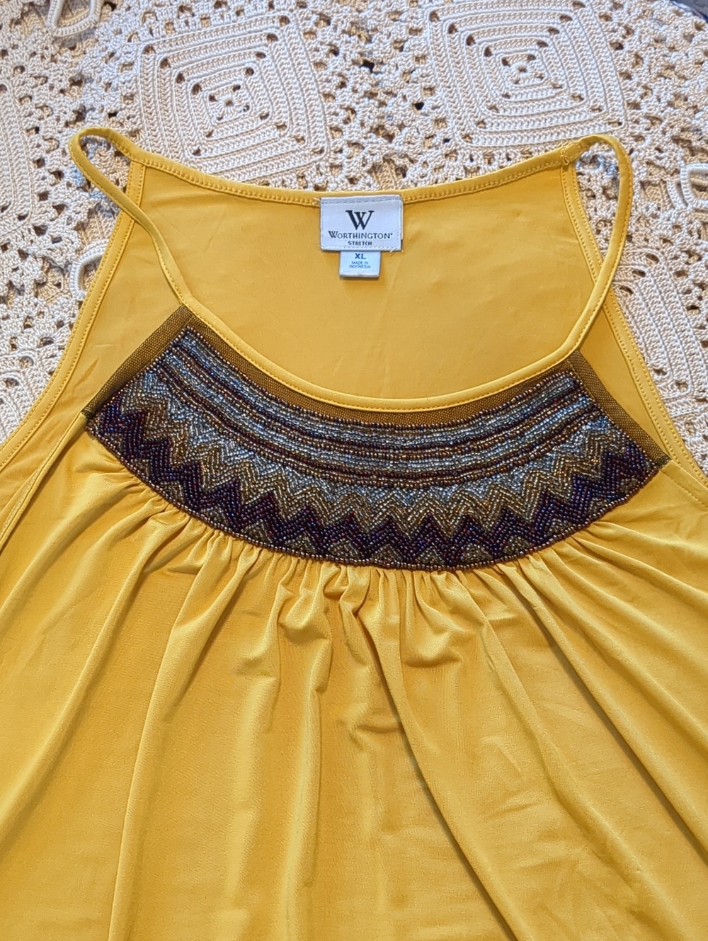 Worthington Yellow Sleeveless Top with Multicolor Beaded Yoke